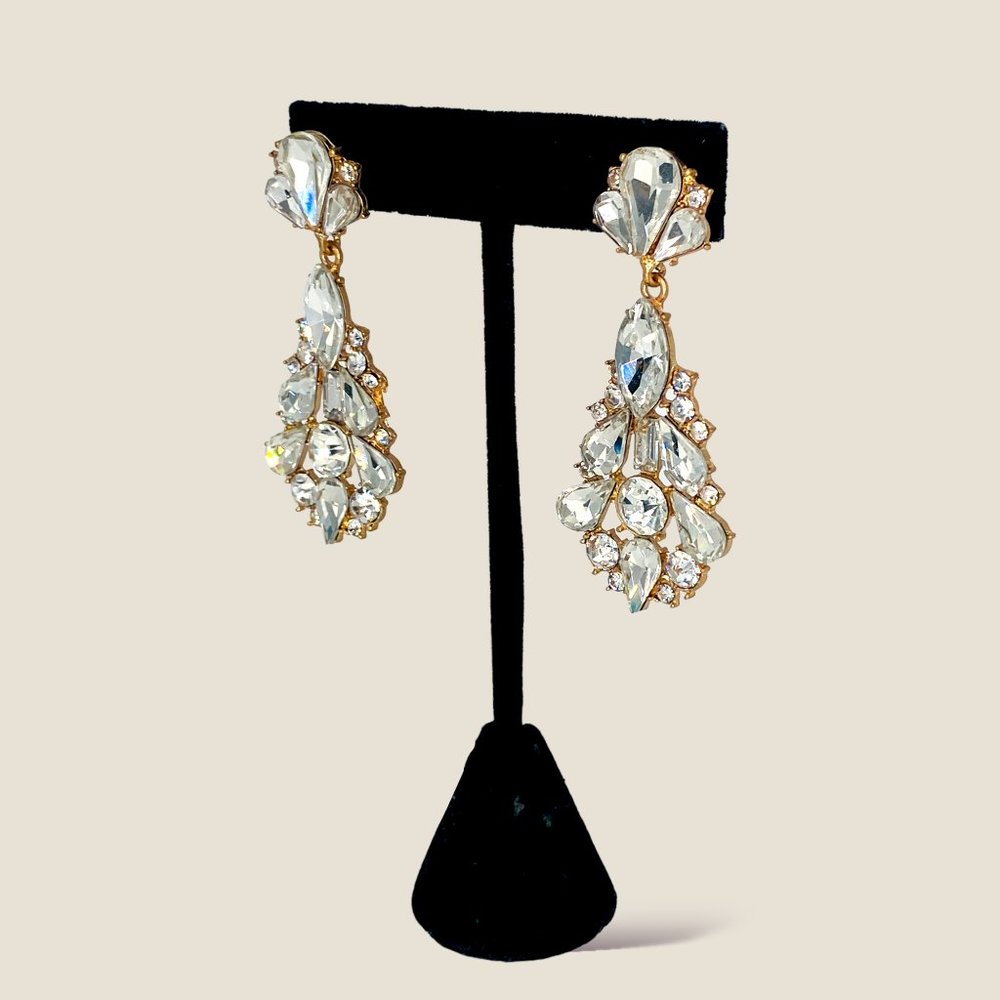 NEW Badgley Mischka Gold Crystal Drop Bridal Dangle Earrings Art Deco Chunky - Picture 5 of 6
